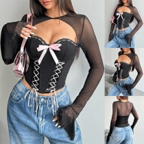 Sexig Gaze Frontslits Cutout Snörning Rosett Långärmad Korsett Skjorta