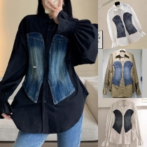 Kontrastfärgad Äldre Tvättad Denim Långärmad Midja-Åtsittande Blus