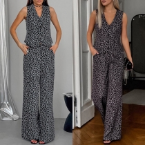 Leopardmönstrat Fashion Tvådelat Set med Väst och Vida Byxor