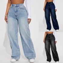 Högmidjade vintage-tvättade raka jeansbyxor