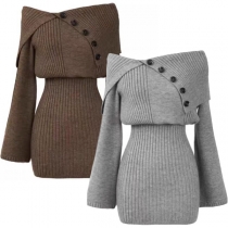 Mode off-shoulder långärmad stickad tröja med knappar