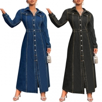 Maxi Denim Klänning med Ståkrage, Långärmad, Cinch Midja och Knappslits Fram
