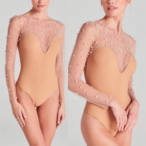 Sexig halvtransparent skarvad pärlformad bodysuit för bröllop och aftonkläder