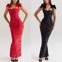 Elegant Bowknot Fyrkantig Hals Utskuren Spets Bodycon Klänning