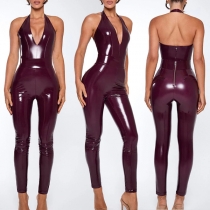 Halterneck V-ringad Rygg Dragkedja Snygg Konstläder PU Slim-fit Jumpsuit