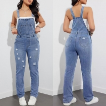 Justerbar Mode Avslappnad Patch Fickor Gammaltvättad Denim Hängsel Jumpsuit