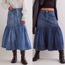 Mode höghus volangfickor volang nederkant Vintage tvättad jeanskjol