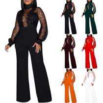 Halvgenomskinlig gasväv Bling-bling paljettutsmyckad Mock Neck Långärmad Vidd Ben Jumpsuit 