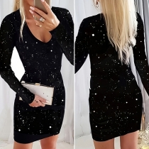 Glamorös V-ringad Glittrig Långärmad Bodycon Klänning