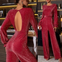 Sexig Bling-bling Rundhals Puffärm Långärmad Hög Rygglös Rak Jumpsuit