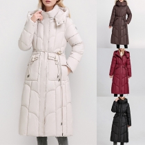 Fashion Quiltad Långrock med Ståkrage och Självknytande Huva