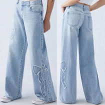 Street Fashion Rakskuren Jeans med Broderi och Sidobåge i Vintage Tvätt