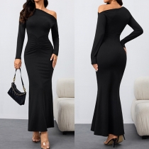Sexig Snedaxel Långärmad Draperad Bodycon Maxiklänning