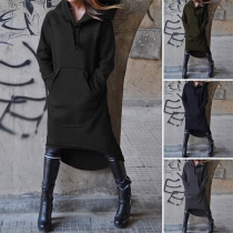 Casual Dragsko Hooded Långärmad Kängurufickor Asymmetrisk Hemline Sweatshirt Klänning