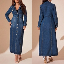 Mode Ståkrage Långärmad Justerbar Midja Främre Knapp Stentvättad Denim Maxiklänning