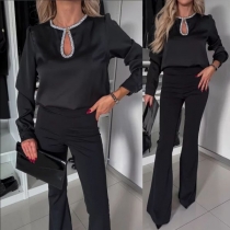 Mode Bling-bling långärmad topp med rund hals framtill