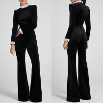 Mode Kontrast Färg Spets Slits Mock Neck Långärmad Rak Passform Jumpsuit