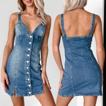Avslappnad V-ringad Framknapp Sidospalt Rygglös Vintage Tvättad Denimklänning