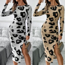 Sexig leopardmönstrad rundhalsad långärmad sidoslitsad rynkad bodycon klänning