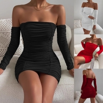 Sexig axelbandslös långärmad rynkad Bodycon Klänning