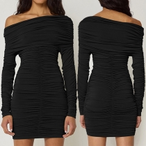 Sexig Snedskuren Axel Långärmad Rynkad Bodycon Klänning