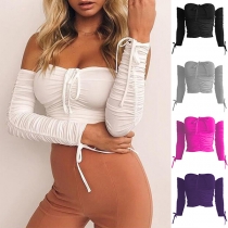 Axelbandslös sexig dragsko rynkad långärmad crop top