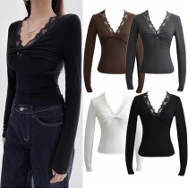 Elegant Ruched V-ringad Långärmad Blus i Spets