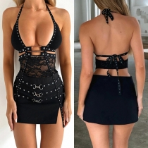 Sexig Utskuren Halterhals V-ringad Rygglös Självknytande Bodycon Klänning