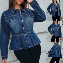 Långärmad jeansjacka med modest krage och volangkant fram 