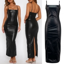 Sexig fyrkantig halsringning Ryggslits i konstläder PU Bodycon Midiklänning