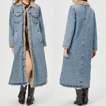 Långärmad jeansjacka med modestativ krage och varm plyschfodring, gammaltvättad longline-design