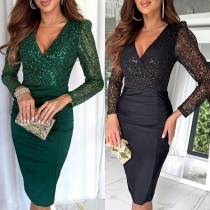 Paljetterad Mode V-ringad Puffärm Långärmad High-rise Bodycon Klänning