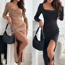 Sexig Draperad Fyrkantig Halsringning Långärmad Slits Midi-klänning