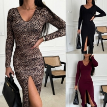 Leopardmönstrad V-ringad Långärmad Bodycon Klänning med Framslits