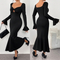 Elegant Frontslits Långärmad Volang Bodycon Maxiklänning