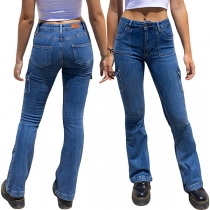 Mode Högmidjade Sido Fickor Vintage Tvättade Skinny Jeans