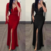 Maxikleid mit Pailletten, V-Ausschnitt und Fransen für Partys mit Frontschlitz