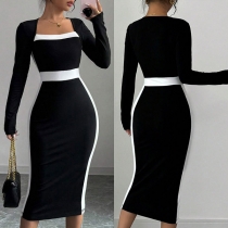 Kontrastfärgad bodyconklänning med fyrkantig hals och långa ärmar