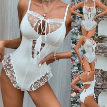 Sexig Snöflinga Mönster Mesh Slits Volang Rygglös Underkläder Bodysuit
