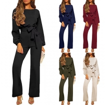 Mode Rund Hals Långärmad Självknuten Rak Skuren Jumpsuit