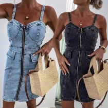 Söt Halsringning Främre Dragkedja Bodycon Vintage Tvättad Denimklänning