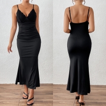 Elegant V-ringad spetsskarvad Backless Fishtail Hemline Bodycon Klänning