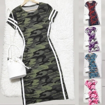 Kamouflage med Sidostrimma Crewneck Kortärmad Bodycon Klänning