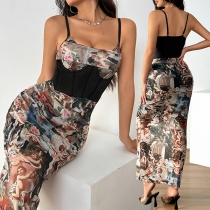 Vintage sexig mönstrad V-ringad korsettformad Bodycon-klänning