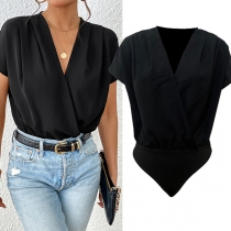 Sexig enfärgad V-ringad ärmlös Bodysuit