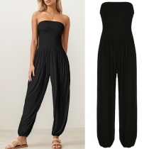 Casual Enfärgad Ärmlös Rynkad Sidofickor Lös Overall