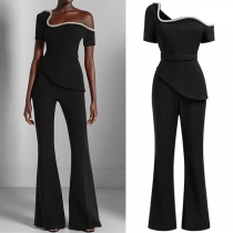 Kortärmad oregelbunden axel volang jumpsuit med vida ben för en sexig stil