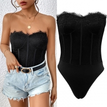 Sexig axelbandslös spetsdetaljerad korsett-bodysuit