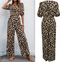 Mode Leopard Mönstrad Självknuten Rundhals Kortärmad Högmidjad Jumpsuit