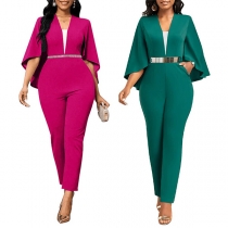 Elegant V-ringad Rynkad Fladdermusärm Högmidjad Jumpsuit